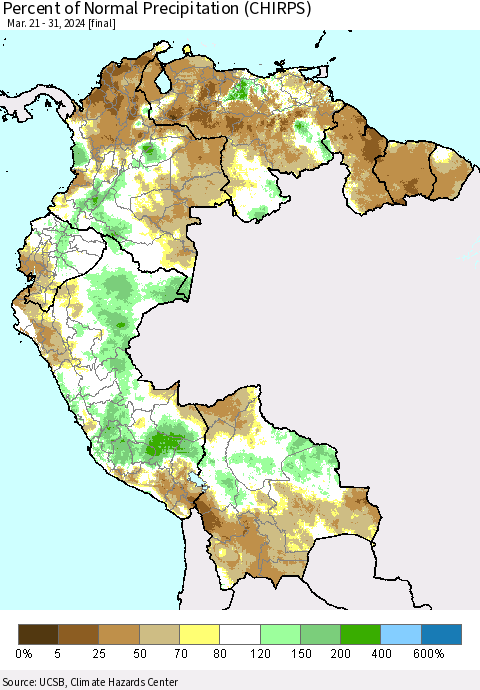 Northern South America Percent of Normal Precipitation (CHIRPS) Thematic Map For 3/21/2024 - 3/31/2024