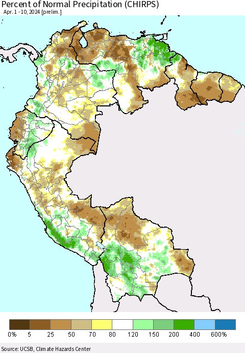 Northern South America Percent of Normal Precipitation (CHIRPS) Thematic Map For 4/1/2024 - 4/10/2024
