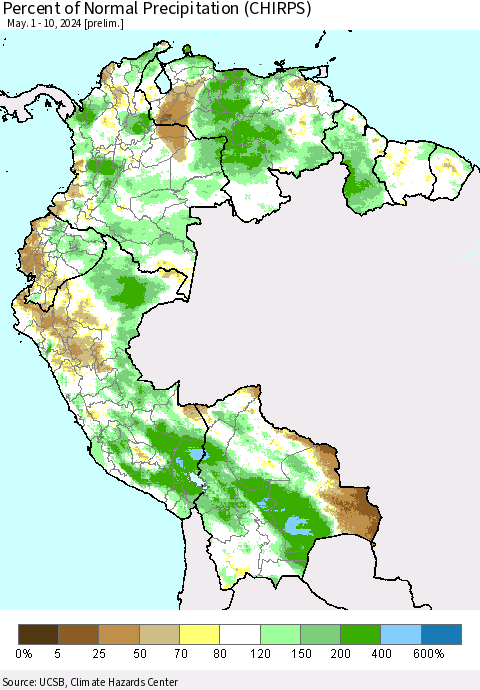 Northern South America Percent of Normal Precipitation (CHIRPS) Thematic Map For 5/1/2024 - 5/10/2024
