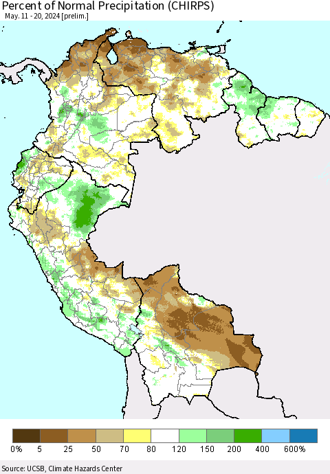 Northern South America Percent of Normal Precipitation (CHIRPS) Thematic Map For 5/11/2024 - 5/20/2024