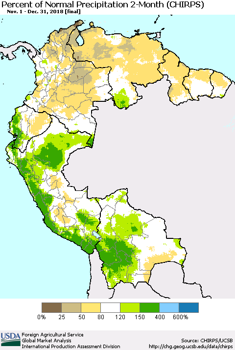 Northern South America Percent of Normal Precipitation 2-Month (CHIRPS) Thematic Map For 11/1/2018 - 12/31/2018