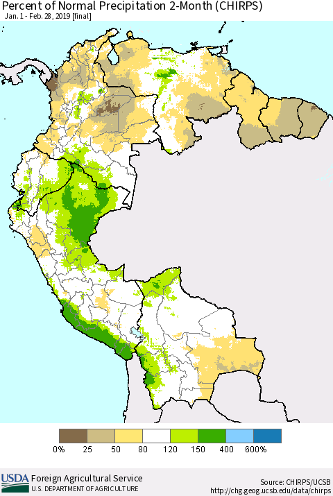 Northern South America Percent of Normal Precipitation 2-Month (CHIRPS) Thematic Map For 1/1/2019 - 2/28/2019