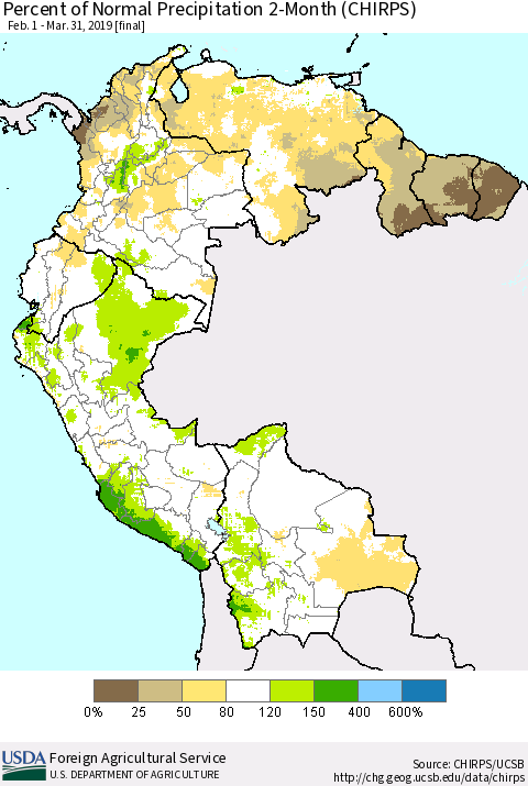 Northern South America Percent of Normal Precipitation 2-Month (CHIRPS) Thematic Map For 2/1/2019 - 3/31/2019