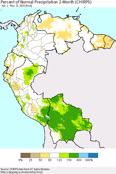 Northern South America Percent of Normal Precipitation 2-Month (CHIRPS) Thematic Map For 4/1/2019 - 5/31/2019