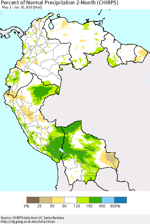 Northern South America Percent of Normal Precipitation 2-Month (CHIRPS) Thematic Map For 5/1/2019 - 6/30/2019