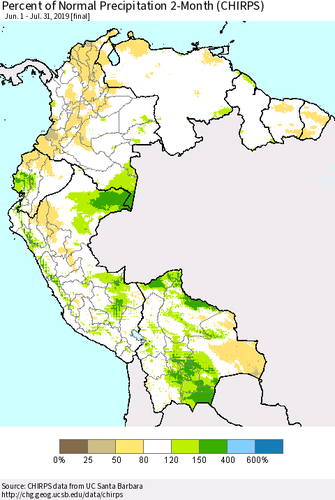 Northern South America Percent of Normal Precipitation 2-Month (CHIRPS) Thematic Map For 6/1/2019 - 7/31/2019