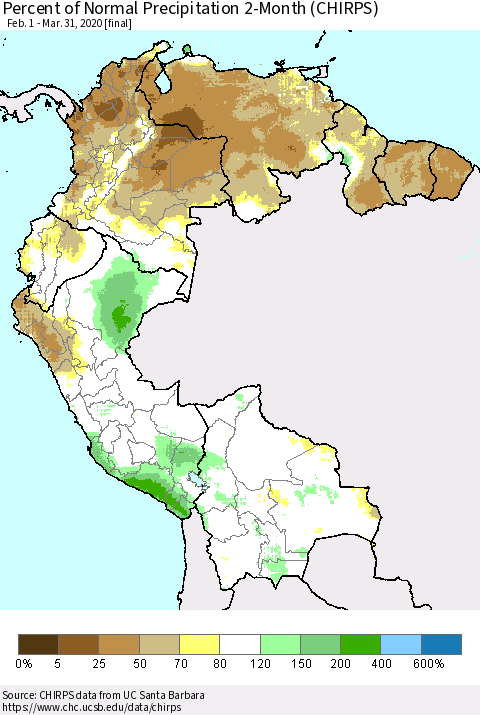 Northern South America Percent of Normal Precipitation 2-Month (CHIRPS) Thematic Map For 2/1/2020 - 3/31/2020