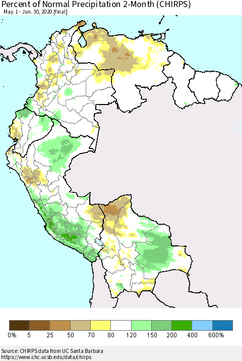 Northern South America Percent of Normal Precipitation 2-Month (CHIRPS) Thematic Map For 5/1/2020 - 6/30/2020