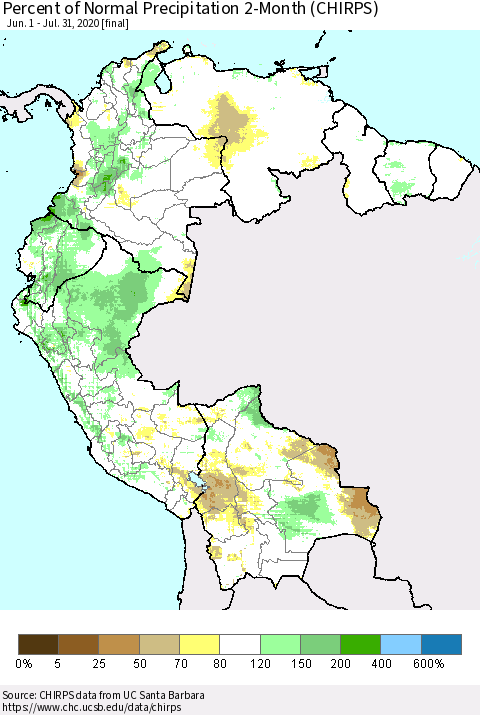 Northern South America Percent of Normal Precipitation 2-Month (CHIRPS) Thematic Map For 6/1/2020 - 7/31/2020