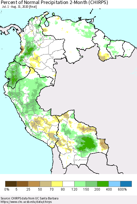 Northern South America Percent of Normal Precipitation 2-Month (CHIRPS) Thematic Map For 7/1/2020 - 8/31/2020