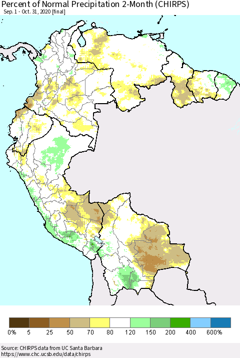 Northern South America Percent of Normal Precipitation 2-Month (CHIRPS) Thematic Map For 9/1/2020 - 10/31/2020