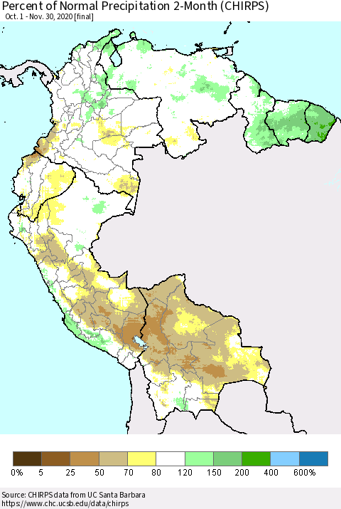 Northern South America Percent of Normal Precipitation 2-Month (CHIRPS) Thematic Map For 10/1/2020 - 11/30/2020