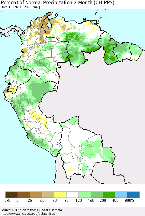 Northern South America Percent of Normal Precipitation 2-Month (CHIRPS) Thematic Map For 12/1/2020 - 1/31/2021