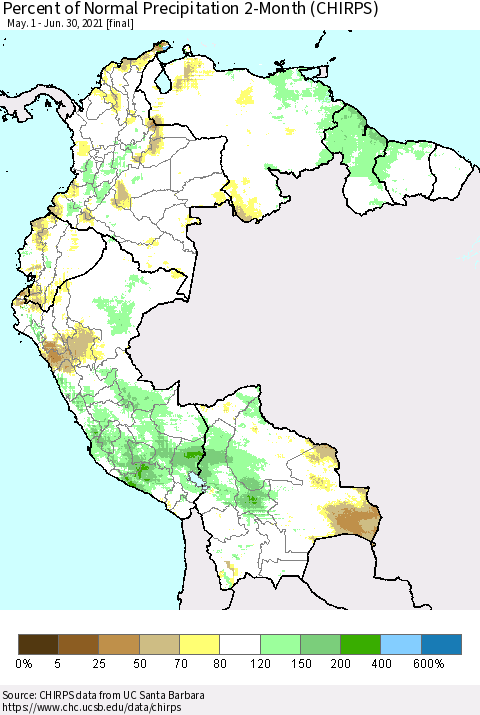 Northern South America Percent of Normal Precipitation 2-Month (CHIRPS) Thematic Map For 5/1/2021 - 6/30/2021