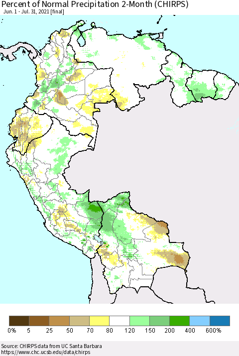 Northern South America Percent of Normal Precipitation 2-Month (CHIRPS) Thematic Map For 6/1/2021 - 7/31/2021