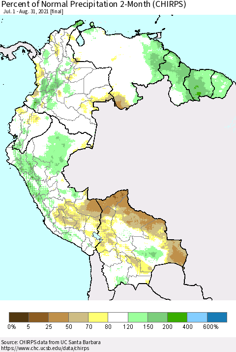 Northern South America Percent of Normal Precipitation 2-Month (CHIRPS) Thematic Map For 7/1/2021 - 8/31/2021