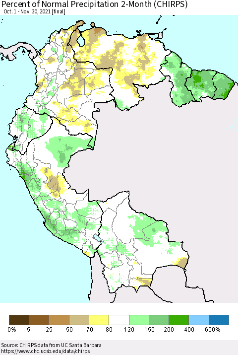 Northern South America Percent of Normal Precipitation 2-Month (CHIRPS) Thematic Map For 10/1/2021 - 11/30/2021