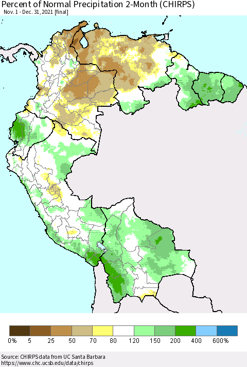 Northern South America Percent of Normal Precipitation 2-Month (CHIRPS) Thematic Map For 11/1/2021 - 12/31/2021