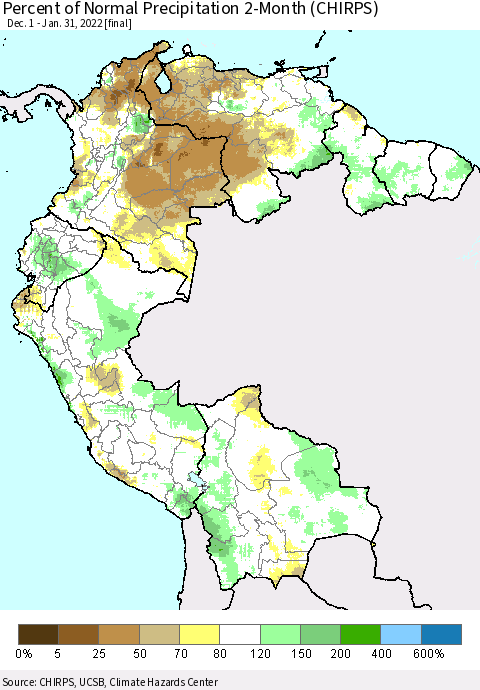 Northern South America Percent of Normal Precipitation 2-Month (CHIRPS) Thematic Map For 12/1/2021 - 1/31/2022