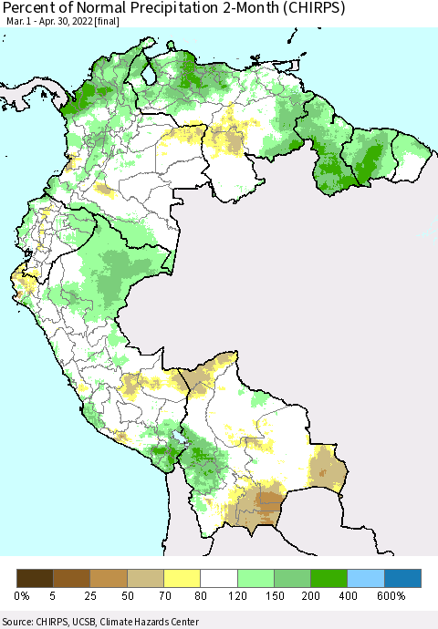 Northern South America Percent of Normal Precipitation 2-Month (CHIRPS) Thematic Map For 3/1/2022 - 4/30/2022
