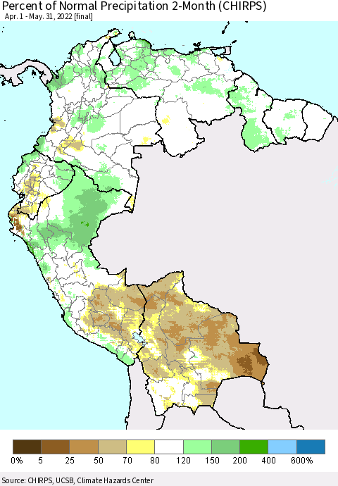 Northern South America Percent of Normal Precipitation 2-Month (CHIRPS) Thematic Map For 4/1/2022 - 5/31/2022