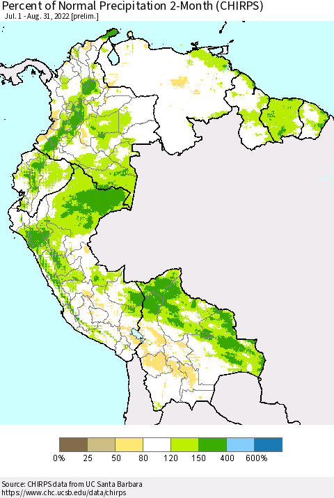 Northern South America Percent of Normal Precipitation 2-Month (CHIRPS) Thematic Map For 7/1/2022 - 8/31/2022