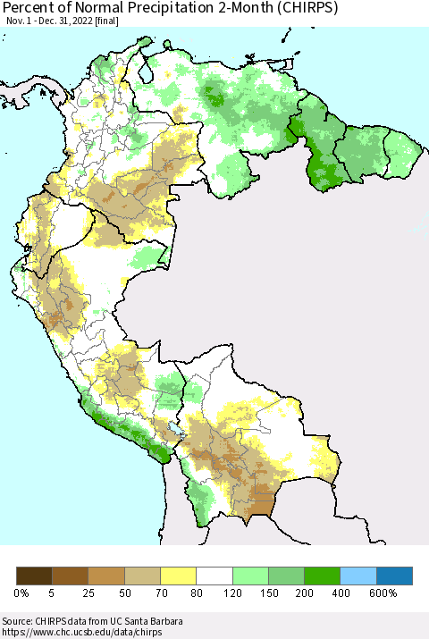 Northern South America Percent of Normal Precipitation 2-Month (CHIRPS) Thematic Map For 11/1/2022 - 12/31/2022