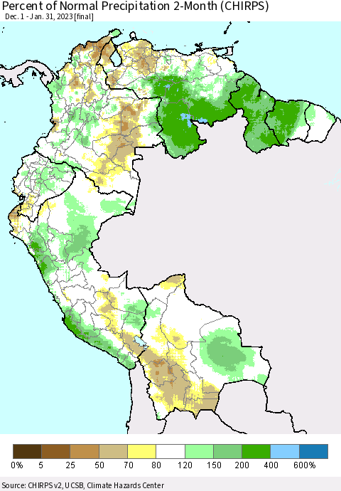 Northern South America Percent of Normal Precipitation 2-Month (CHIRPS) Thematic Map For 12/1/2022 - 1/31/2023