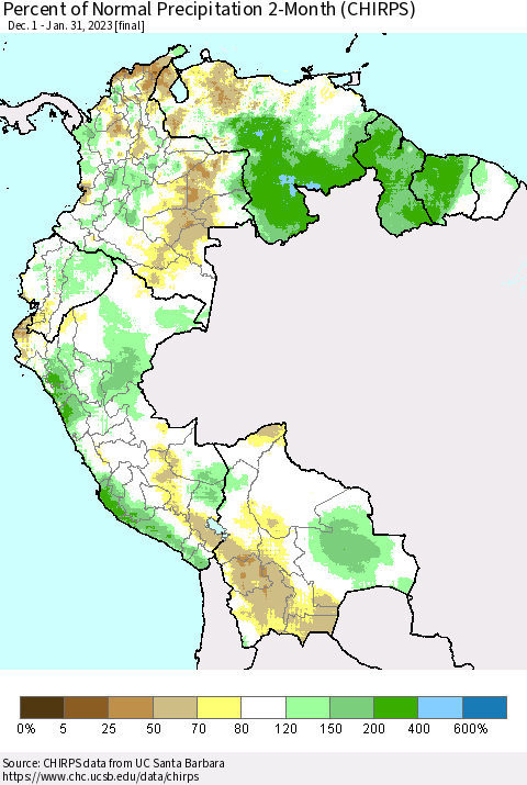 Northern South America Percent of Normal Precipitation 2-Month (CHIRPS) Thematic Map For 12/1/2022 - 1/31/2023