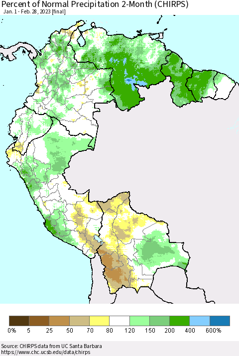 Northern South America Percent of Normal Precipitation 2-Month (CHIRPS) Thematic Map For 1/1/2023 - 2/28/2023