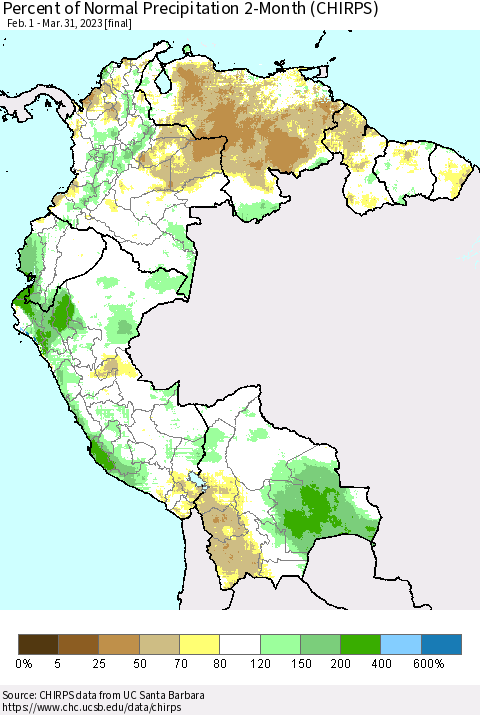 Northern South America Percent of Normal Precipitation 2-Month (CHIRPS) Thematic Map For 2/1/2023 - 3/31/2023