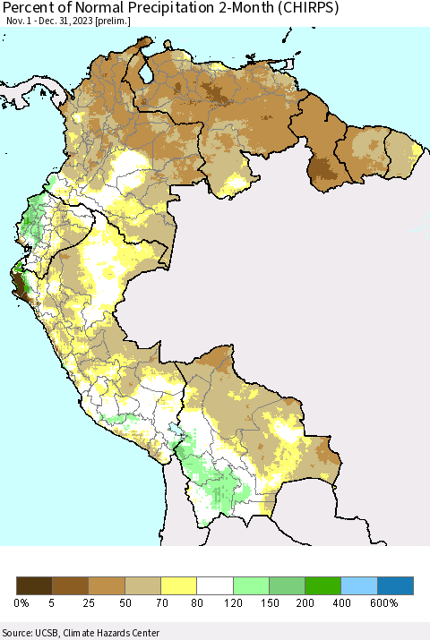Northern South America Percent of Normal Precipitation 2-Month (CHIRPS) Thematic Map For 11/1/2023 - 12/31/2023