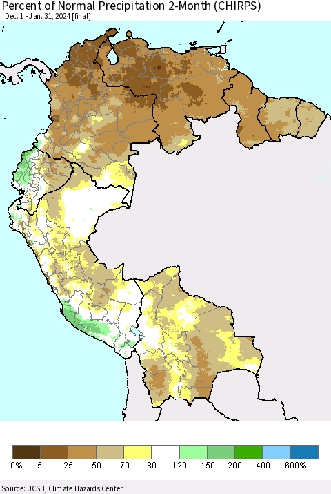Northern South America Percent of Normal Precipitation 2-Month (CHIRPS) Thematic Map For 12/1/2023 - 1/31/2024