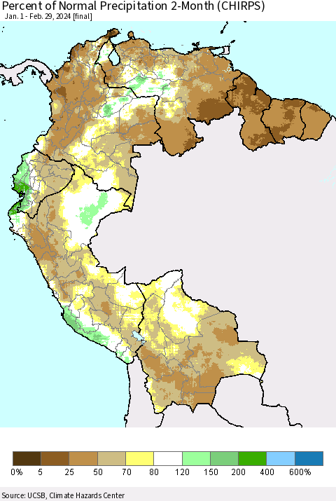 Northern South America Percent of Normal Precipitation 2-Month (CHIRPS) Thematic Map For 1/1/2024 - 2/29/2024