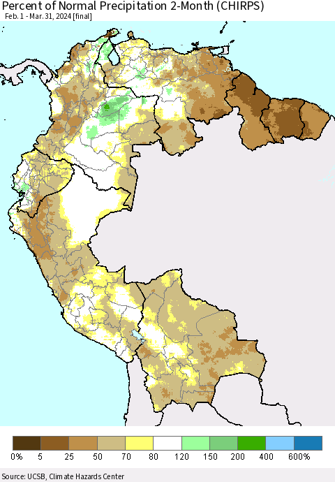 Northern South America Percent of Normal Precipitation 2-Month (CHIRPS) Thematic Map For 2/1/2024 - 3/31/2024