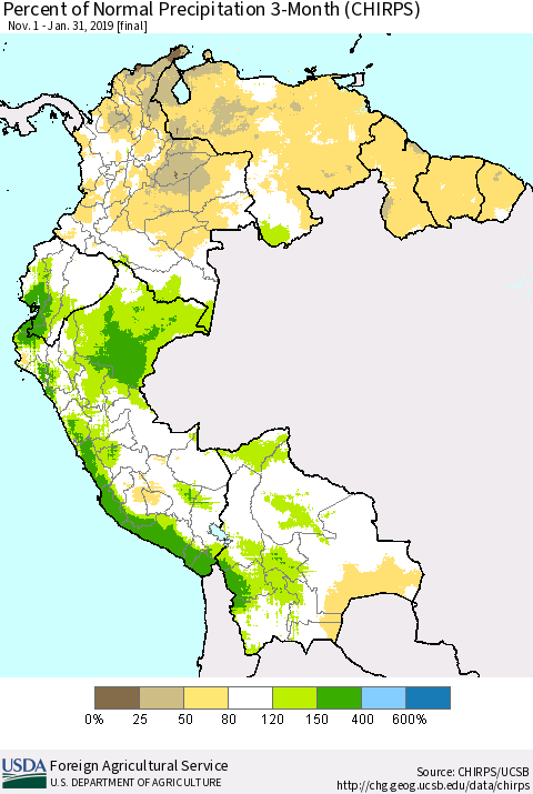 Northern South America Percent of Normal Precipitation 3-Month (CHIRPS) Thematic Map For 11/1/2018 - 1/31/2019