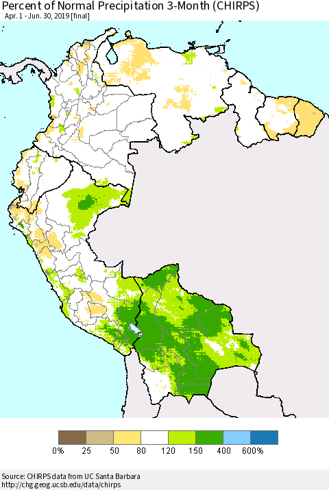 Northern South America Percent of Normal Precipitation 3-Month (CHIRPS) Thematic Map For 4/1/2019 - 6/30/2019