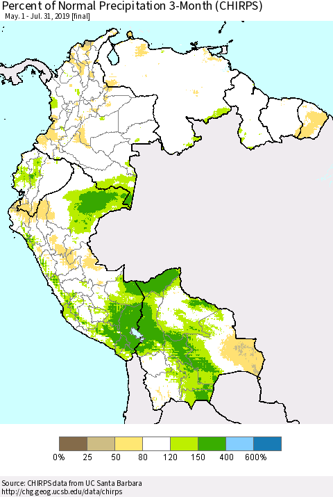 Northern South America Percent of Normal Precipitation 3-Month (CHIRPS) Thematic Map For 5/1/2019 - 7/31/2019