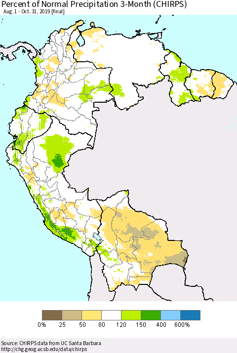 Northern South America Percent of Normal Precipitation 3-Month (CHIRPS) Thematic Map For 8/1/2019 - 10/31/2019