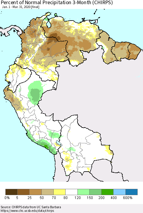 Northern South America Percent of Normal Precipitation 3-Month (CHIRPS) Thematic Map For 1/1/2020 - 3/31/2020