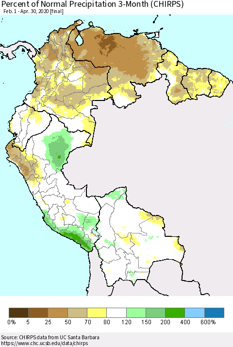 Northern South America Percent of Normal Precipitation 3-Month (CHIRPS) Thematic Map For 2/1/2020 - 4/30/2020