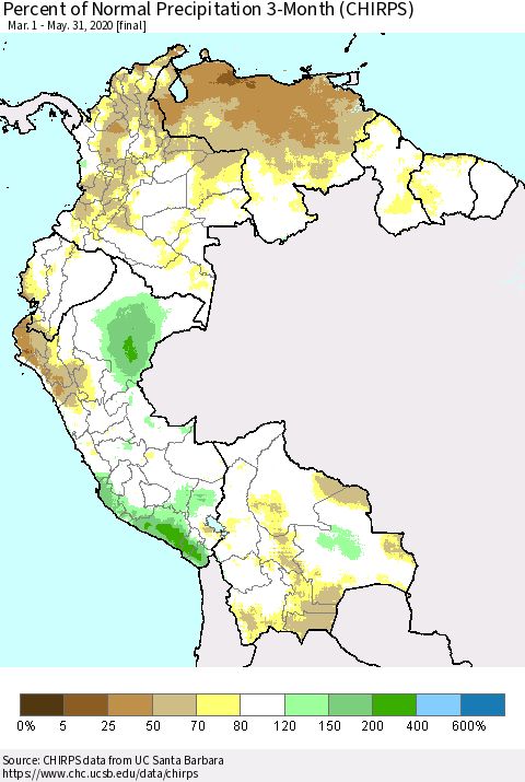 Northern South America Percent of Normal Precipitation 3-Month (CHIRPS) Thematic Map For 3/1/2020 - 5/31/2020