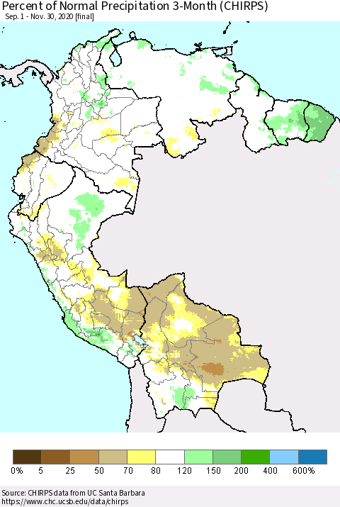 Northern South America Percent of Normal Precipitation 3-Month (CHIRPS) Thematic Map For 9/1/2020 - 11/30/2020