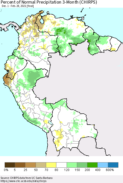 Northern South America Percent of Normal Precipitation 3-Month (CHIRPS) Thematic Map For 12/1/2020 - 2/28/2021
