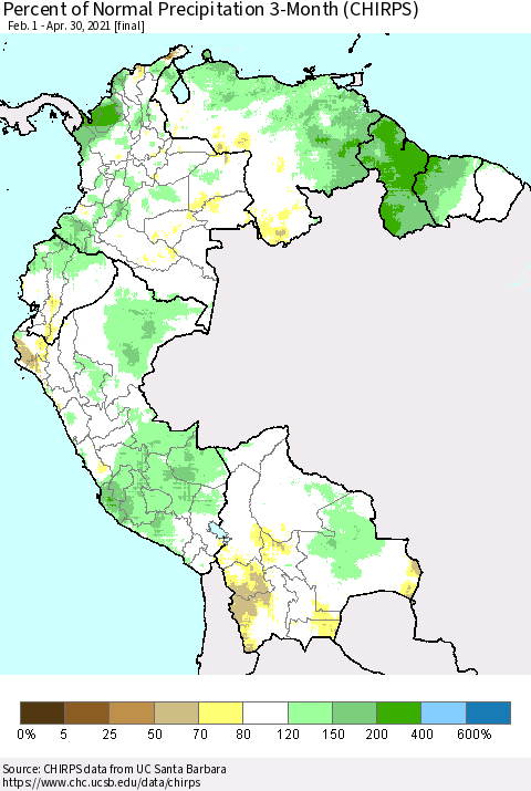 Northern South America Percent of Normal Precipitation 3-Month (CHIRPS) Thematic Map For 2/1/2021 - 4/30/2021