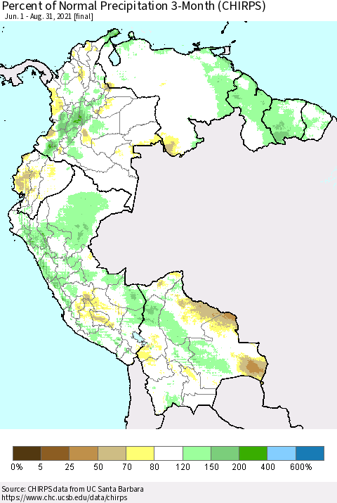 Northern South America Percent of Normal Precipitation 3-Month (CHIRPS) Thematic Map For 6/1/2021 - 8/31/2021