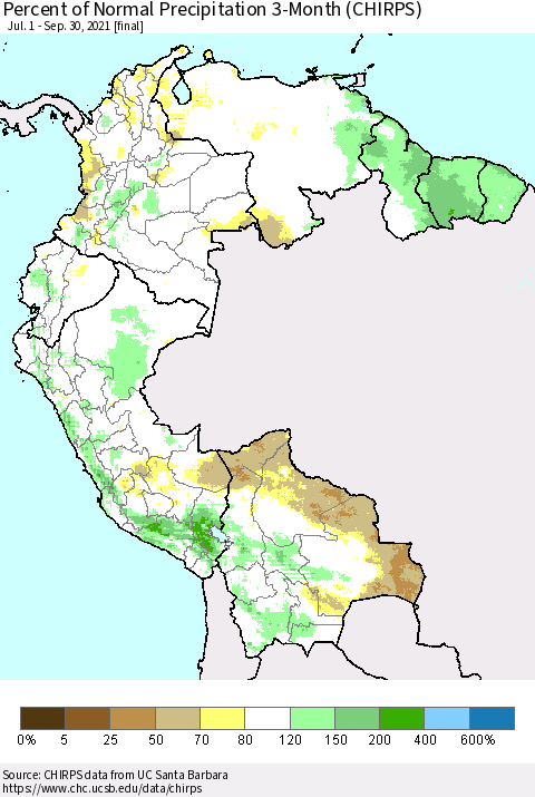 Northern South America Percent of Normal Precipitation 3-Month (CHIRPS) Thematic Map For 7/1/2021 - 9/30/2021