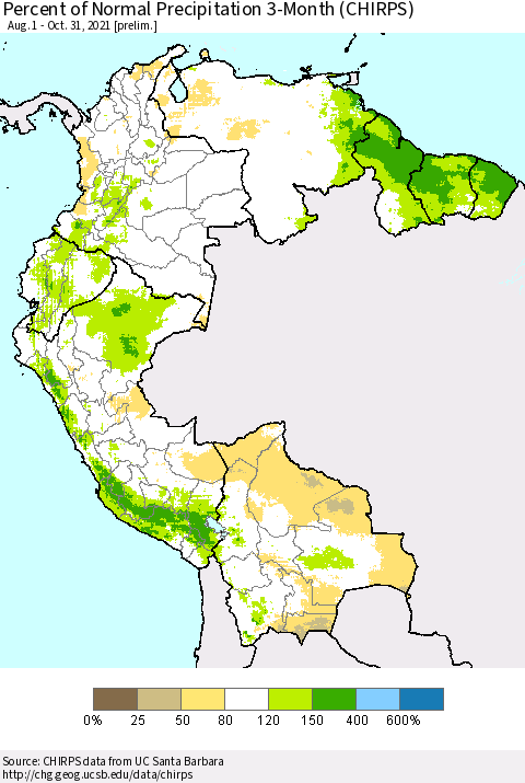 Northern South America Percent of Normal Precipitation 3-Month (CHIRPS) Thematic Map For 8/1/2021 - 10/31/2021