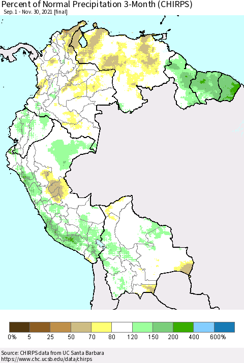 Northern South America Percent of Normal Precipitation 3-Month (CHIRPS) Thematic Map For 9/1/2021 - 11/30/2021