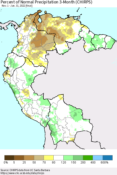 Northern South America Percent of Normal Precipitation 3-Month (CHIRPS) Thematic Map For 11/1/2021 - 1/31/2022